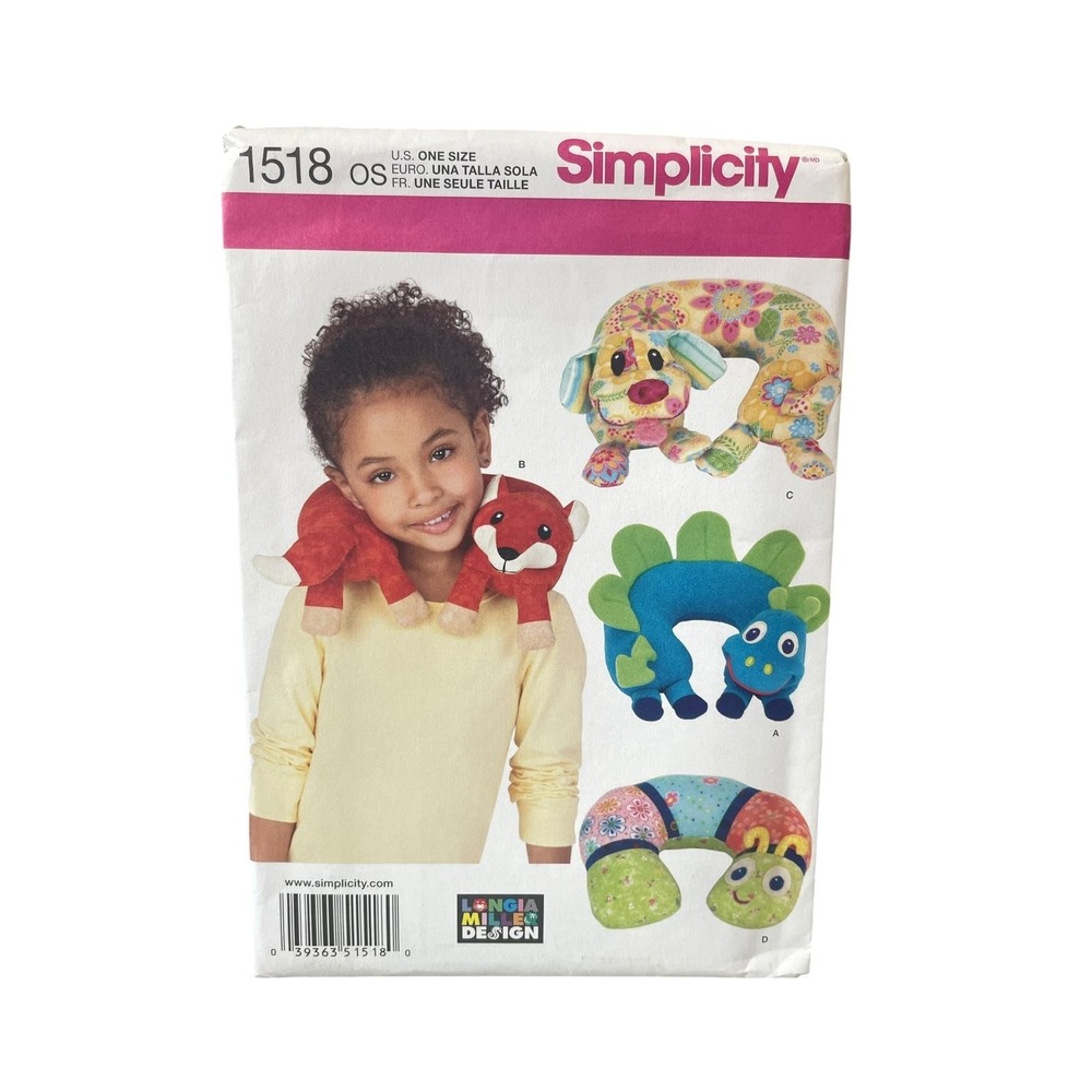 Simplicity 1518 Child's Animal Neck Pillows OS Stuffed Plush Toy Craft